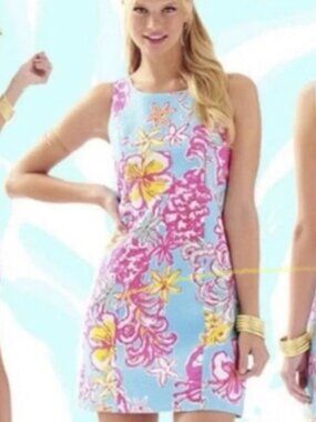 Lilly Pulitzer Cathy Shift Mini Dress Size 2 Blue Pink Yellow Lolita Floral